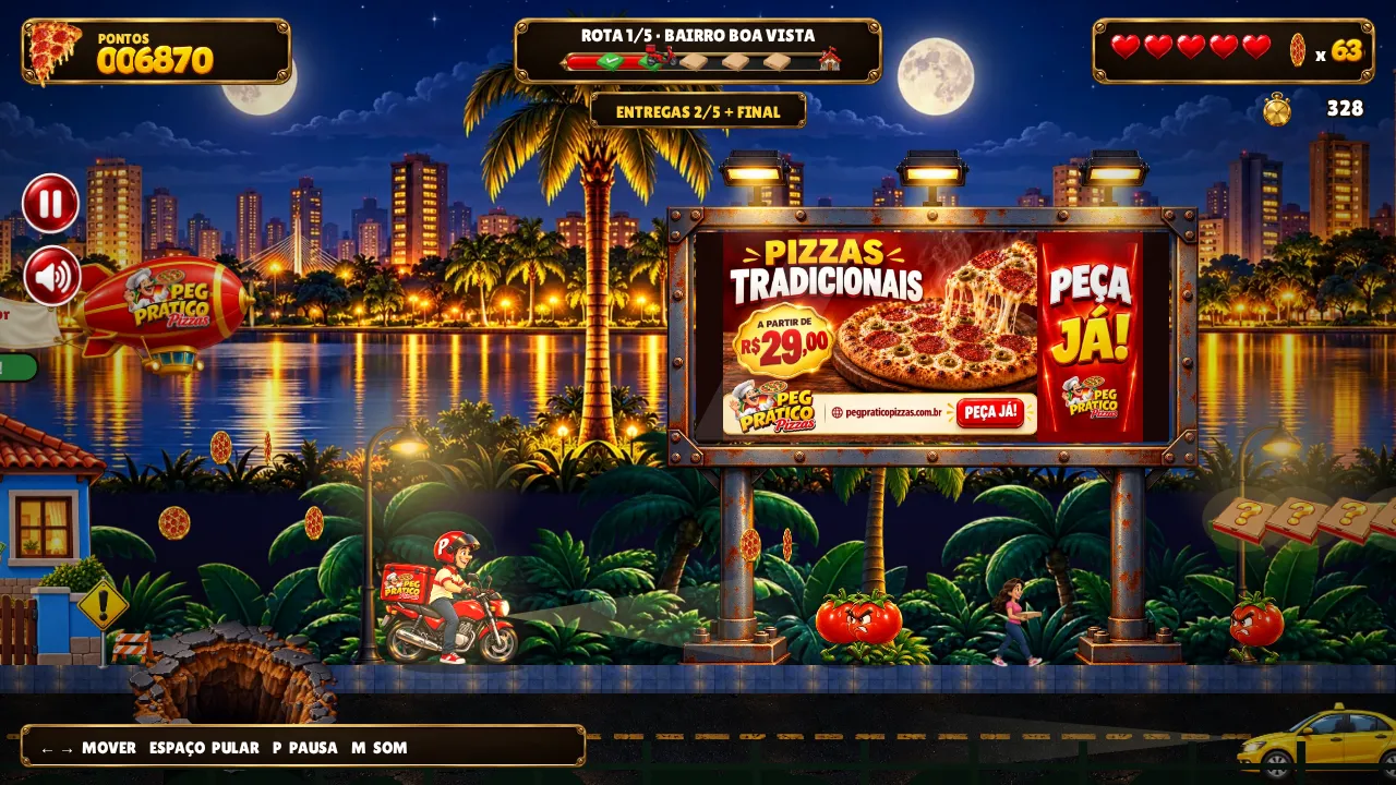 Tela do jogo A Grande Entrega com outdoor de promoção da pizzaria